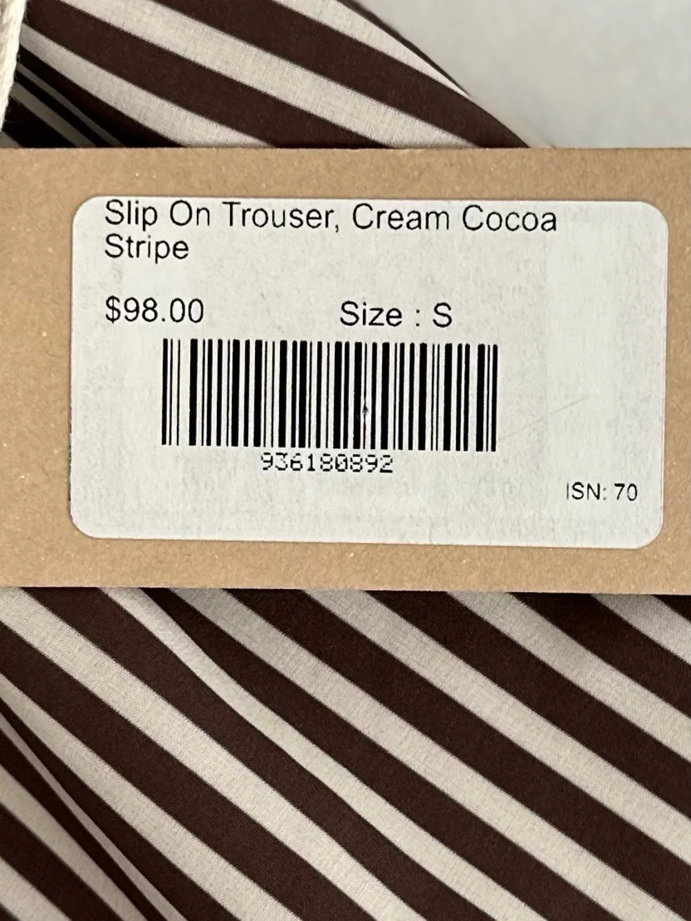 Albion Slip On Trouser, Cream Cocoa Stripe Size Small NWT